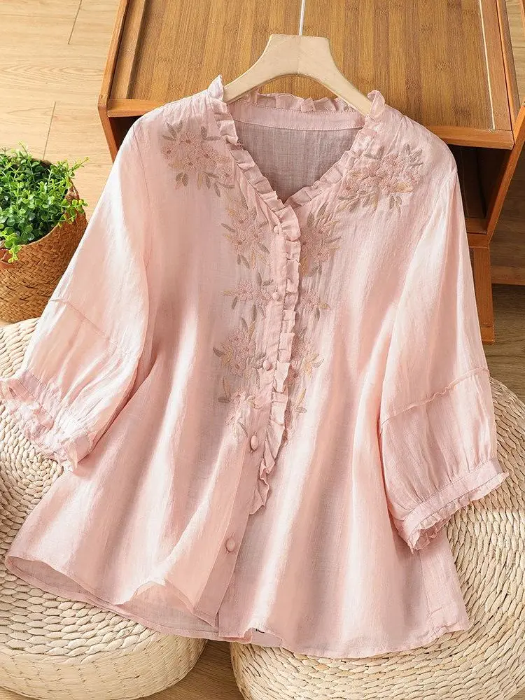 

Chinese Style Embroidered Cotton Linen Ruffle V-Neck Shirt Women Summer Fashion Young Style Beautiful Anti-Aging Cotton Linen...