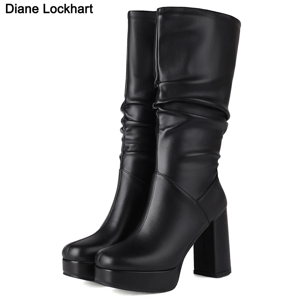 Brand Designer punk pleated Mid Calf boots round toe Motorcycle Boot woman high heels shoes black thick platform knee high boots