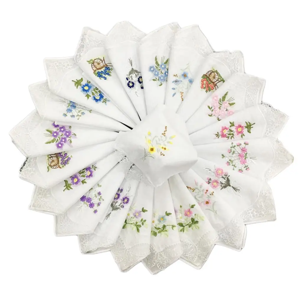 Mulheres Lenço Floral Bordado de Senhora, Borboleta, senhoras, 12 Pcs