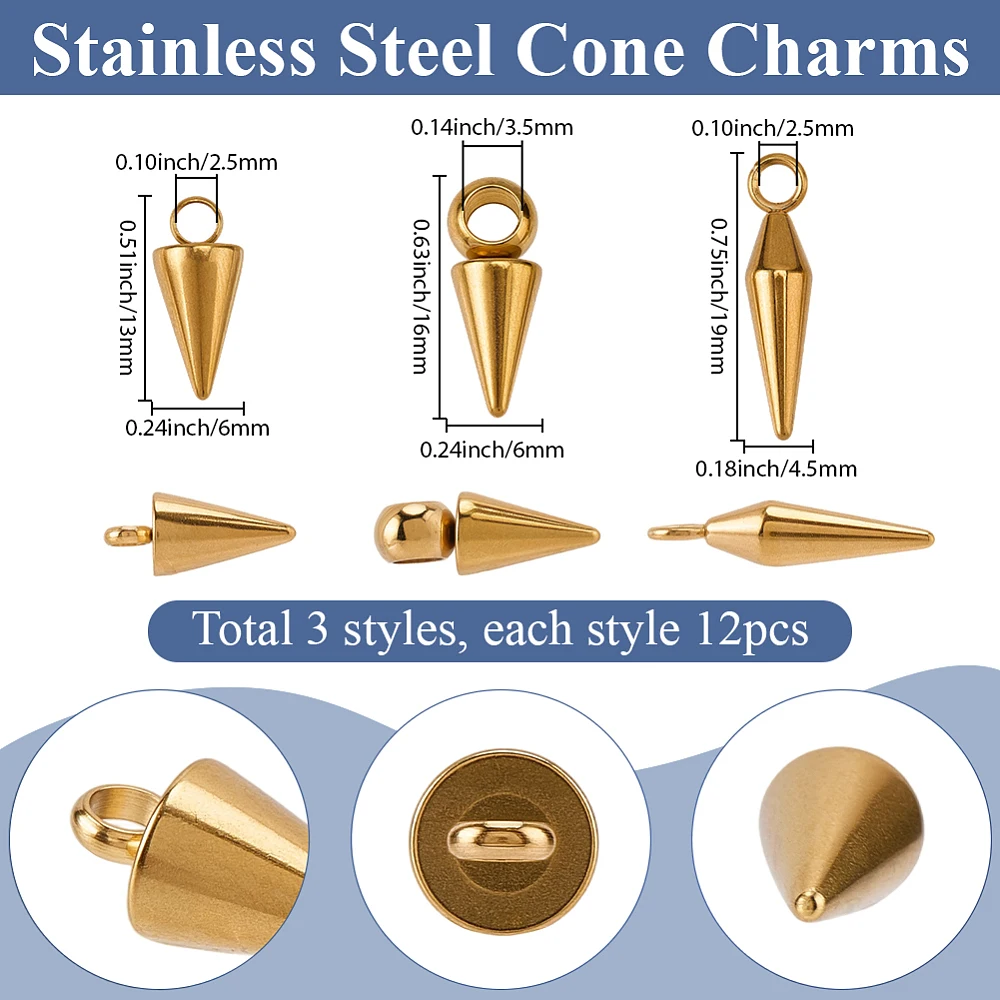 1 Box 36Pcs Gold Cone Charm Stainless Steel Charms Bulk Metal Hiphop Punk Pendants Small Hole Cones for Jewelry Making Findings