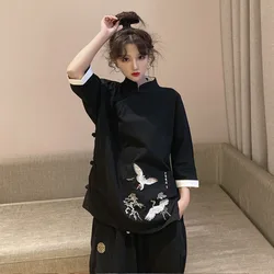 China Traditional Casual Loose Women Hanfu Black Tops Harajuku Vintage Chinese Style Crane Embroidery Cotton Linen Tang Suit New