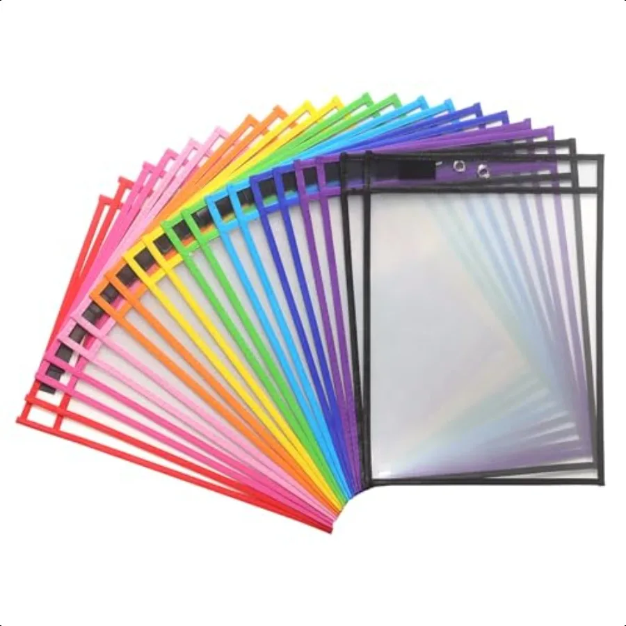 

20 Pack Dry Erase Pockets with Rings 10 x 14 Inch Ticket Holders Clear Plastic Sleeves Sheet Protectors for Teacher Classroom S