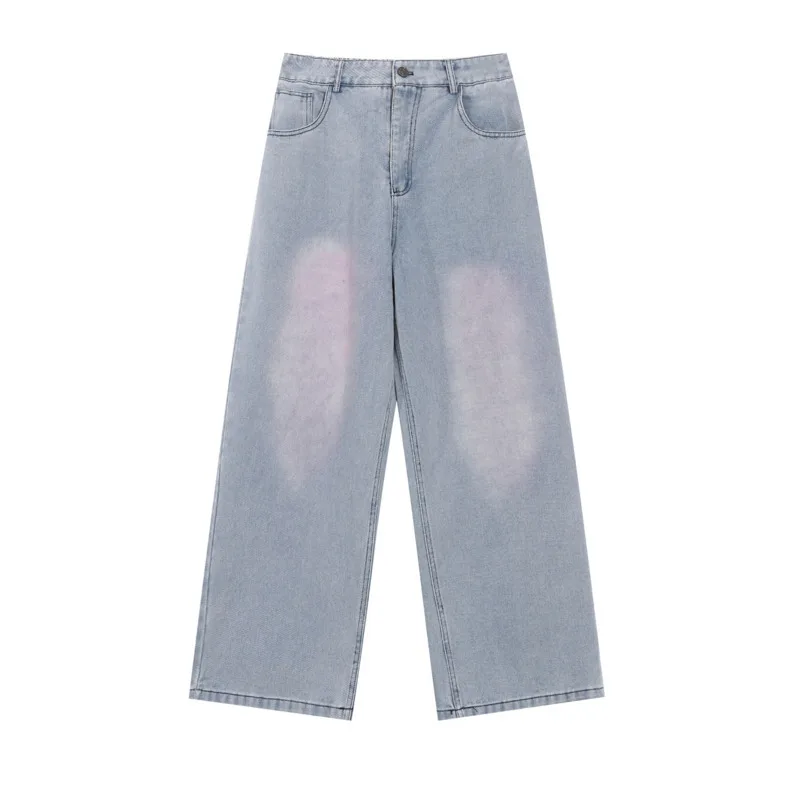 Trendy retro straight leg elastic waisted jeans for men and women in spring and autumn, loose and wide leg floor length pants