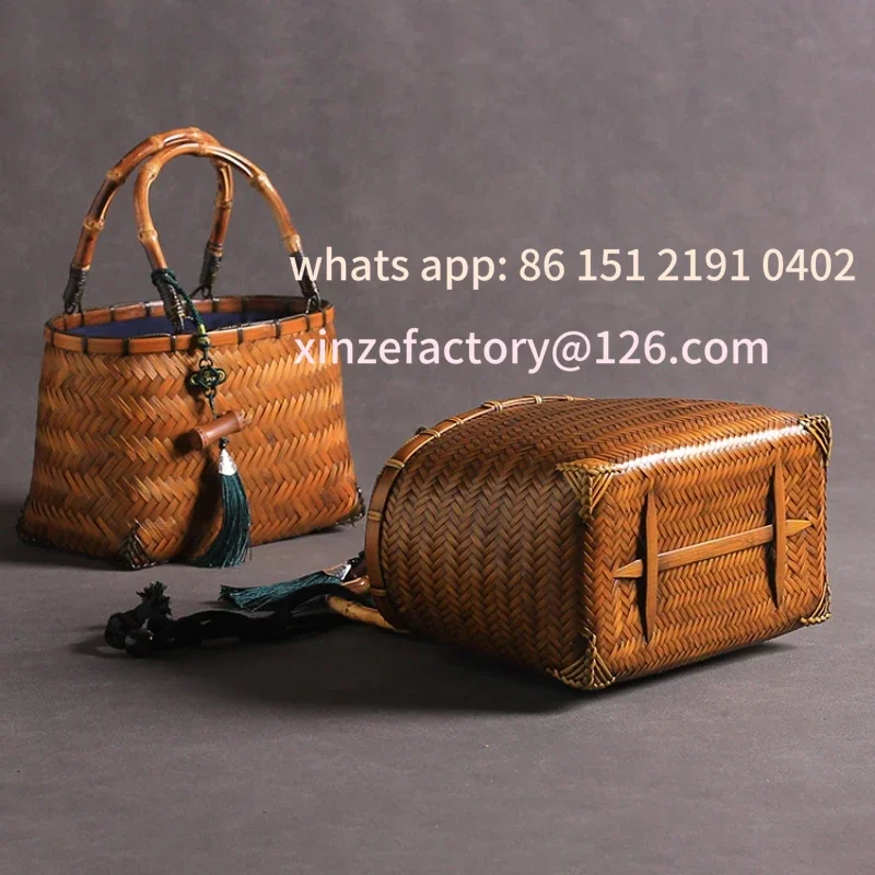 

Customizable Woven Bag Tableware Storage Bundle Mouth Lining Style Handheld Basket Bamboo Women Bento Handle Organ