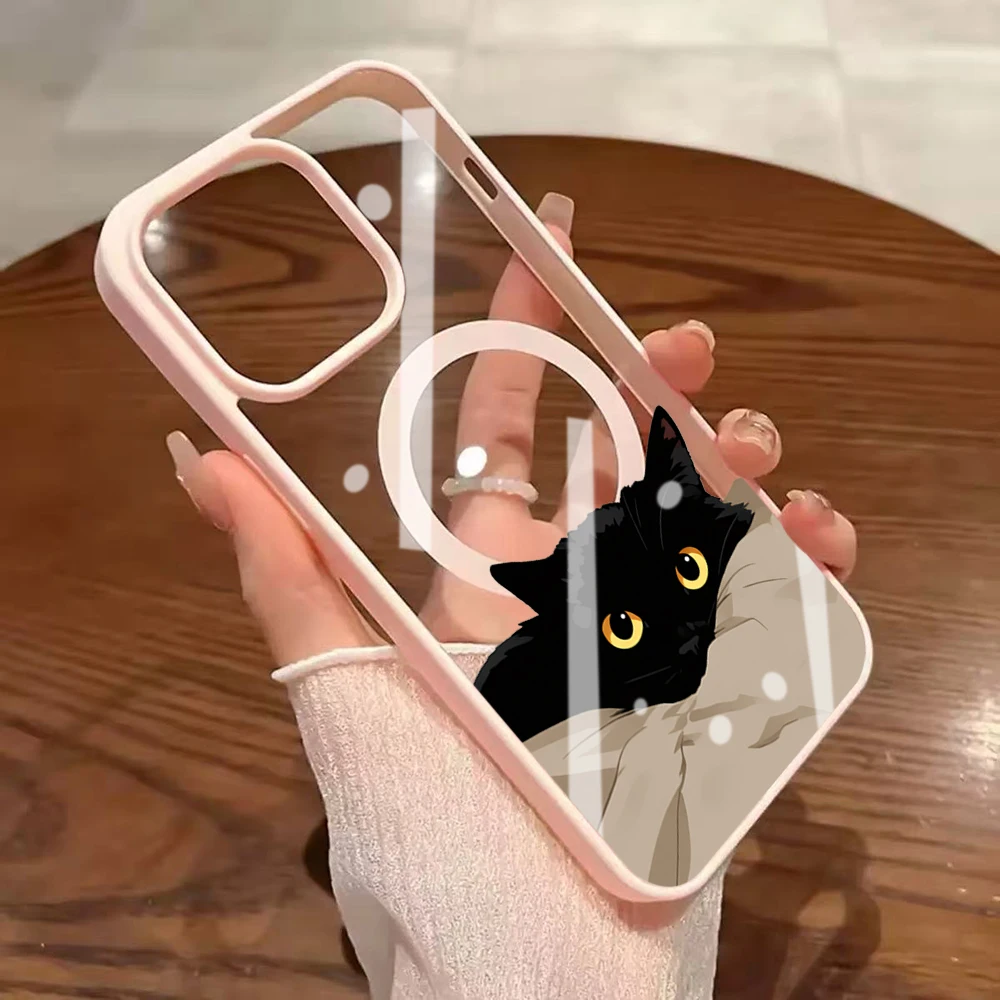 Niedliche Schwarze Katze Ästhetische Transparente Hülle für iPhone 17 16 11 12 15 Pro Max 13 14 Plus Hüllen für Magsafe Kabelloses Laden Drop Cover – Detail 7