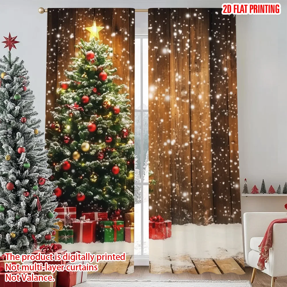 

2pcs 2D flat printing Merry Christmas Popular Party Window Curtains Snowflakes and Country Wood Versatile 100% Polyester Without