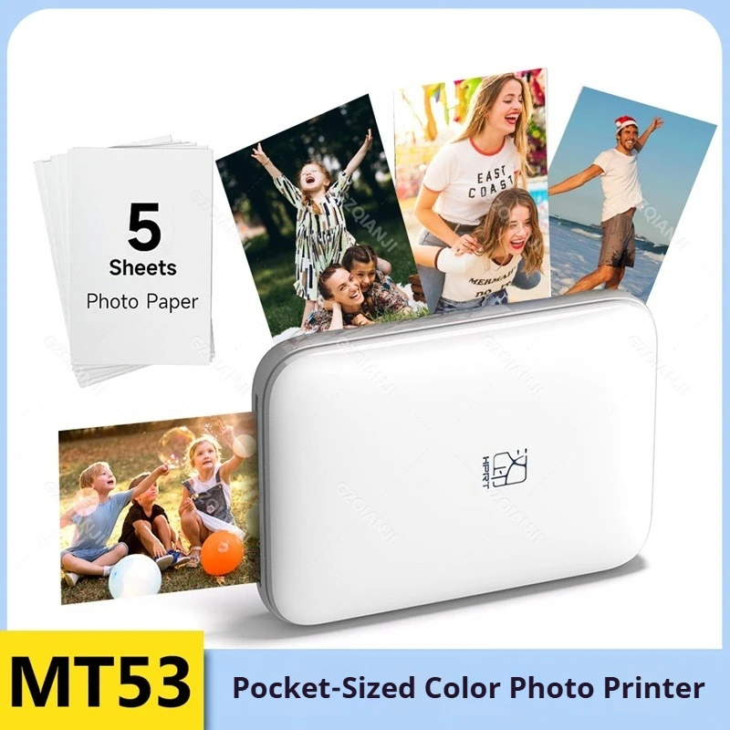 Impressora fotográfica de bolso mt53, pequena, portátil, inteligente, de alta definição, conexão bluetooth, polaroid, impressora fotográfica móvel