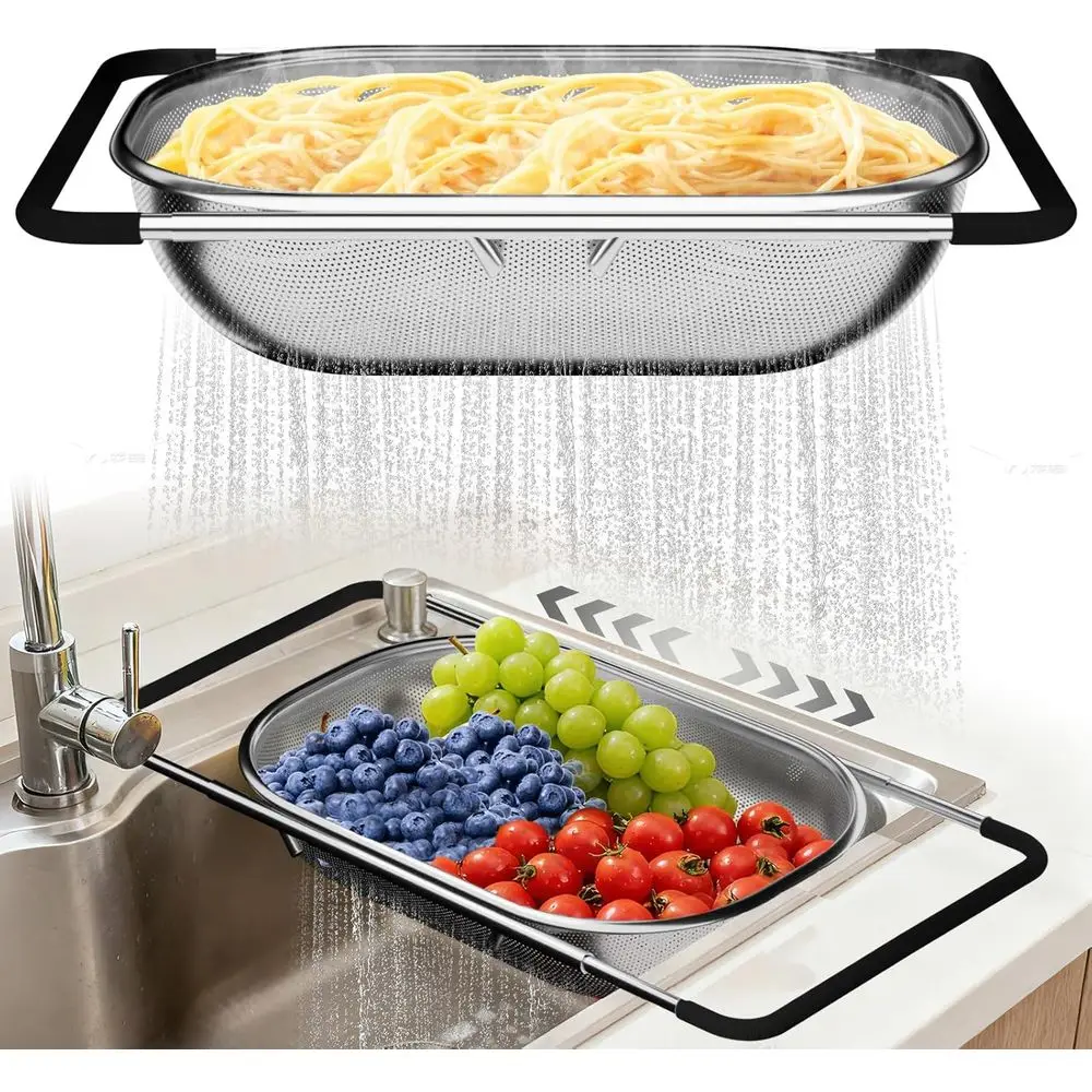 

Adjustable Sink Strainer Basket - Expandable Line Mesh with Rubber Grip for Kitchen Essentials (9.5 x 13.4-21.3 x 3.3)