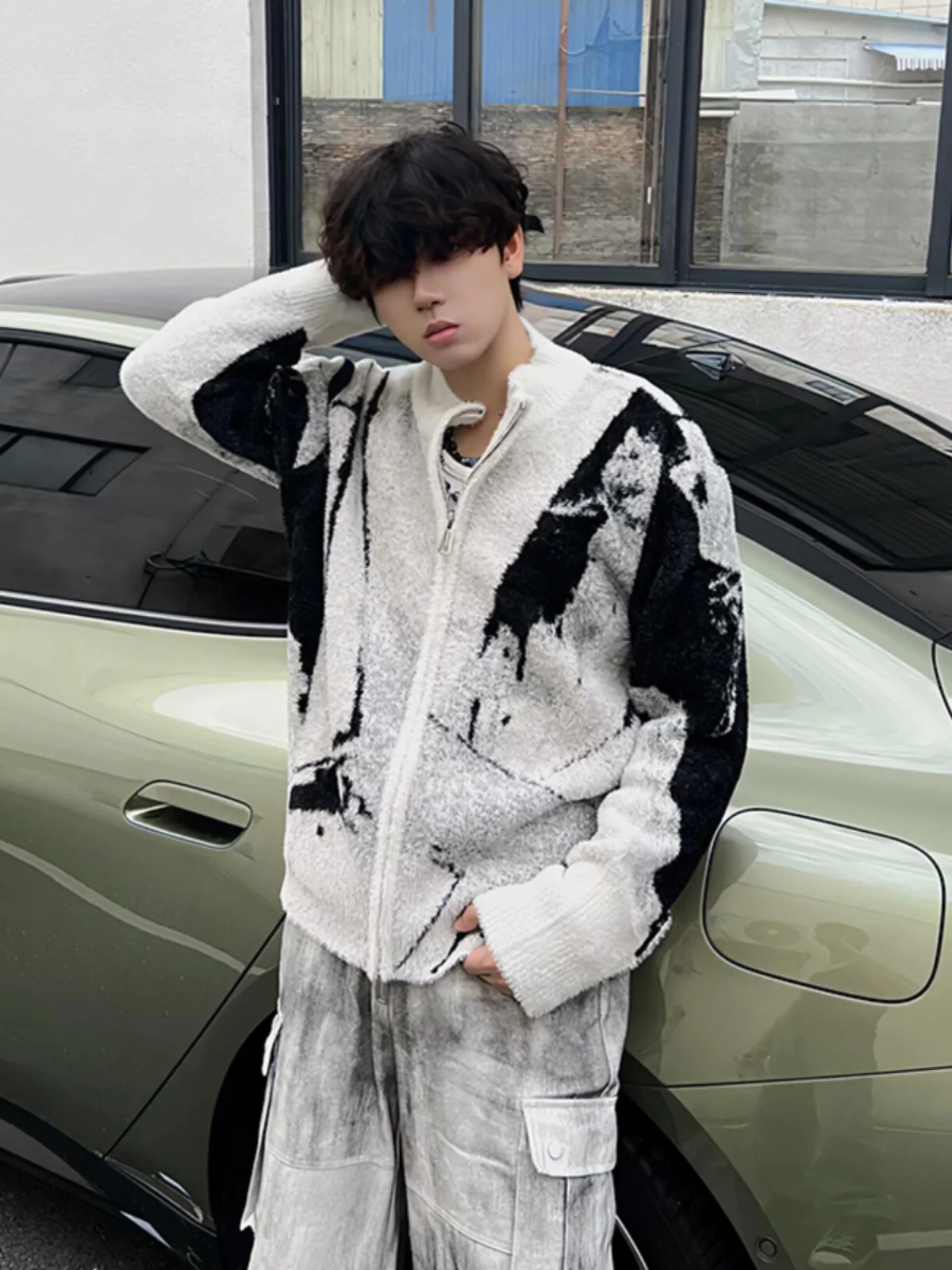 

Мужской вязаный кардиган свободного кроя в повседневном стиле с длинным рукавом, модный, с эффектом водной росписи, верхняя одежда для весны и осени