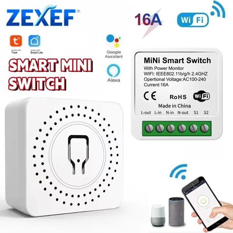 

ZEXEF Tuya WiFi RF433 Модуль умного переключателя 16A Мини-релейный приемник DIY Контроллер автоматизации умного дома работает с Alexa Google