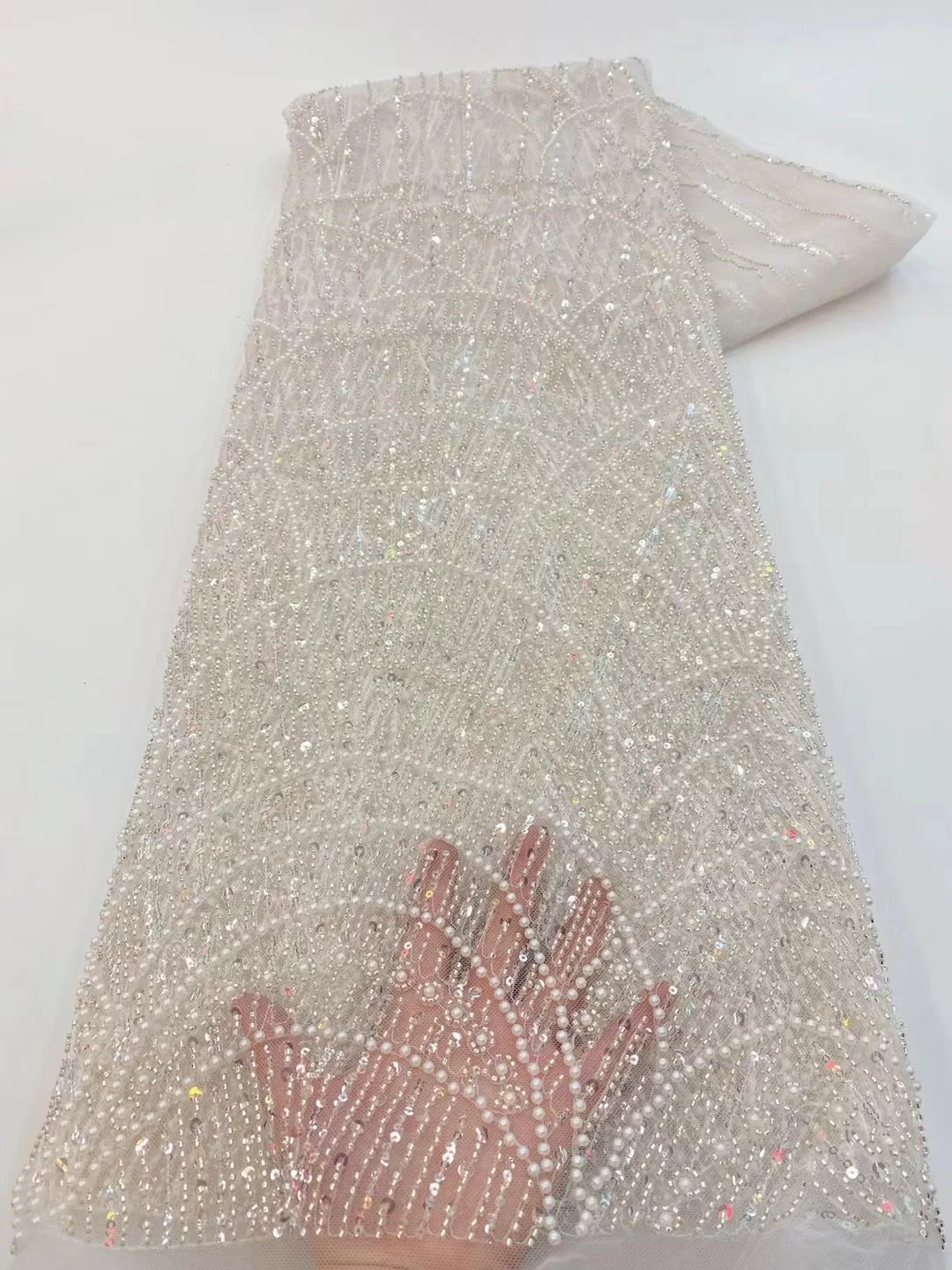 

French Tulle Net Lace with Sequins and Beads African Nigerian Pearl Embroidered Lace Fabric Lace Fabric for Sewing