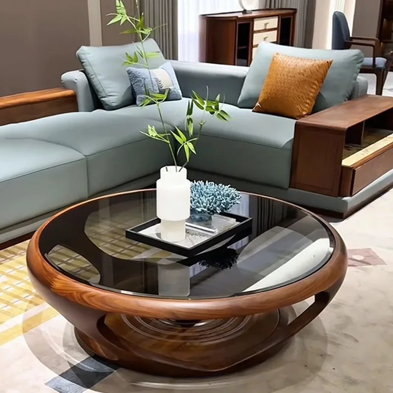 

Unique Glass Coffee Table Transparent Modern Wood Living Room Coffee Table Round Antique Mesa Auxiliar Chinese Style Furniture