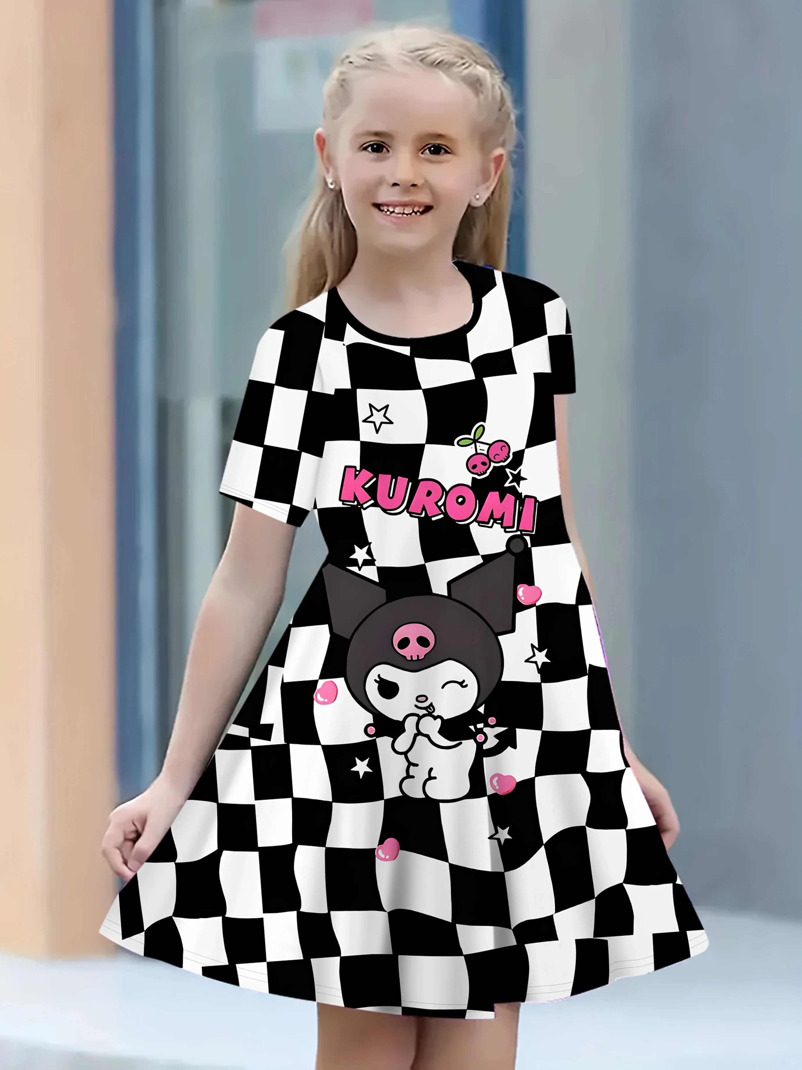 

25-26 New Summer Kids Girls Dress Cute Kurome 3D Print Clothes Short Sleeve Performance Casual Clothes Two fake pieces Skirt