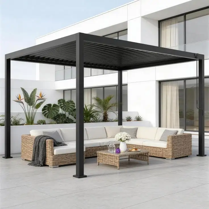 With LED lights blinds aluminum pavilion pergola suitable for placement beside the swimming pool Windproof and rainproof gazebo