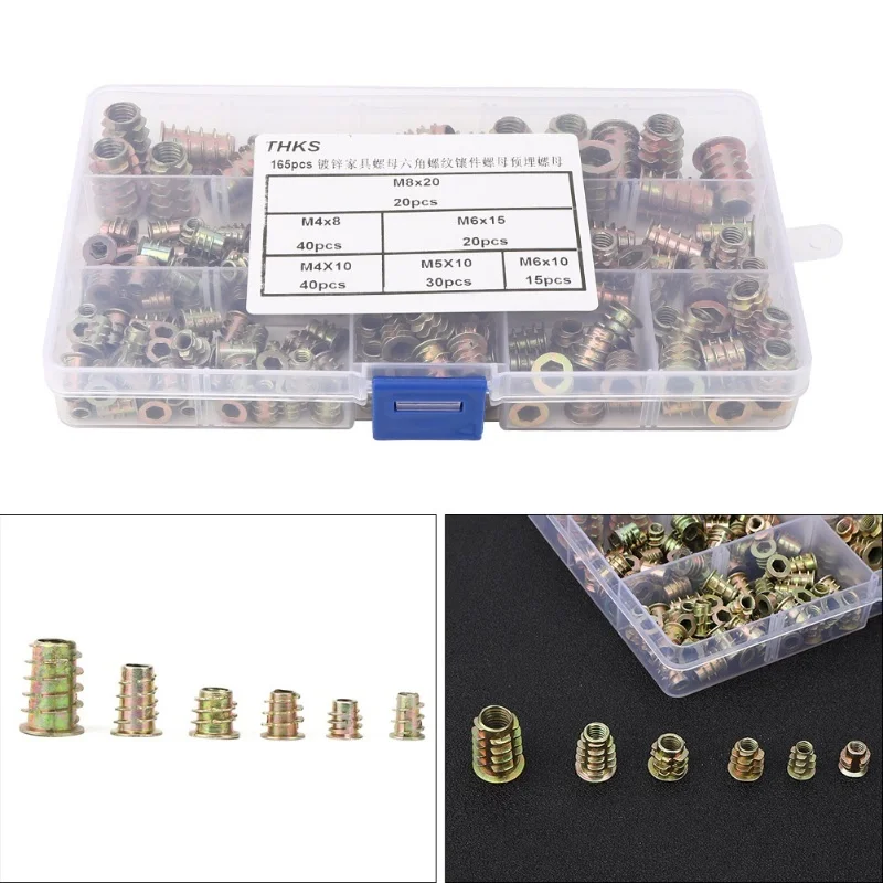 165 قطعة خيط سداسي إدراج الجوز الأثاث الخشبي المجلفن الجوز مجموعة اللون مطلي الكربون الصلب