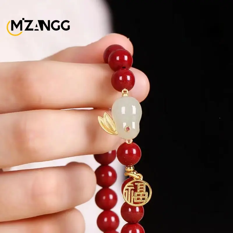 Natural Red Vermilion Jade Rabbit Bracelet Inlaid with Hetian Jade Rabbit Round 8mm Beads String Fashion Jewelry Lady Mom Gift