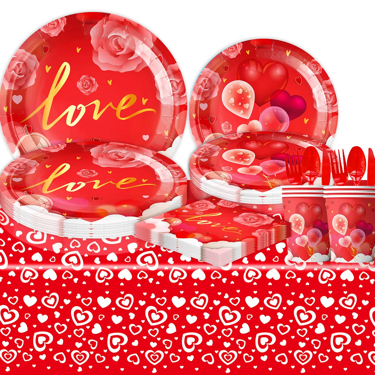 Valentine Day LOVE Theme Party Supplies Include Red Paper Plastic Spoons Forks Knives 9/7 Inch Disposable Dinner Dessert Plates