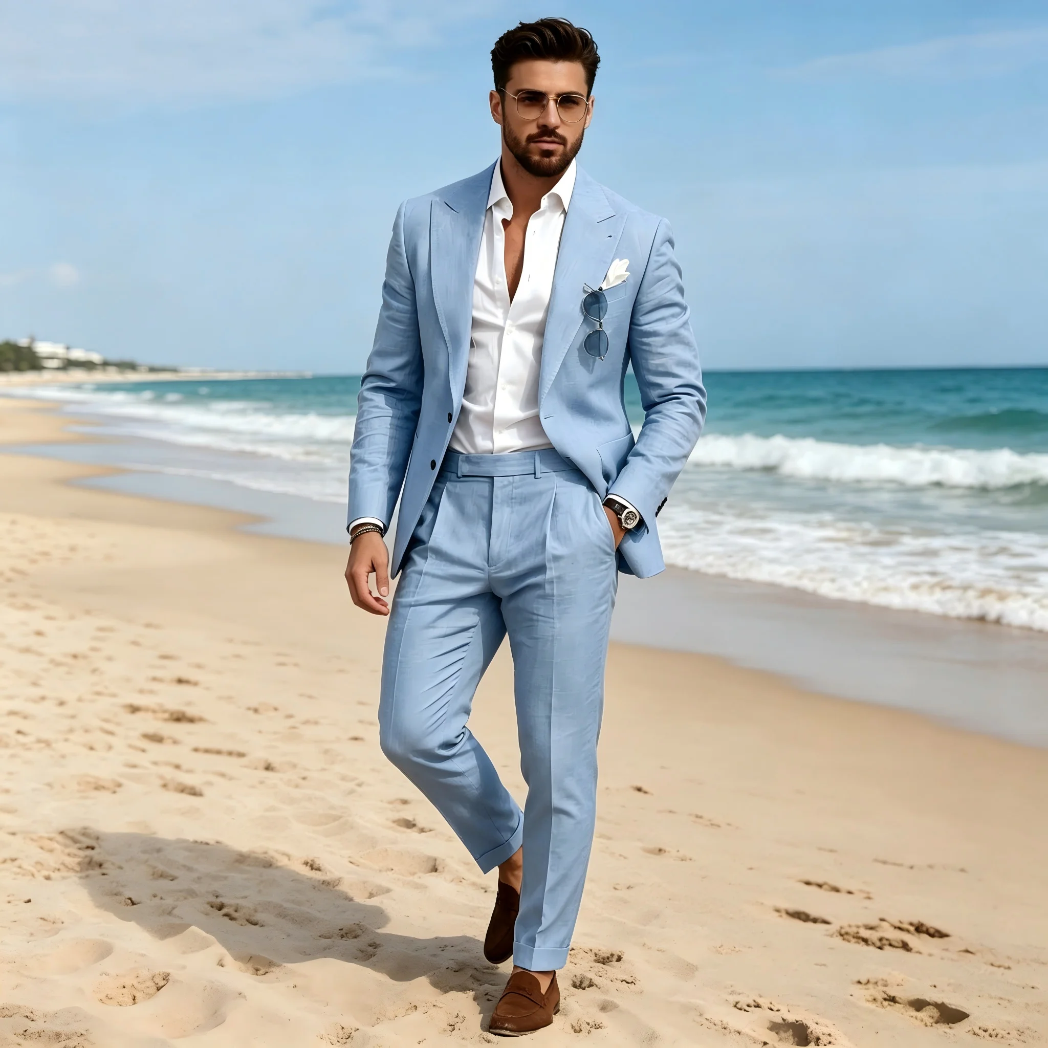 

Sky Blue Linen Men Suits 2 Piece Peaked Lapel Single Breasted Outfits Casual Slim Prom Party Wedding Tuxedo Blazer Pants Sets