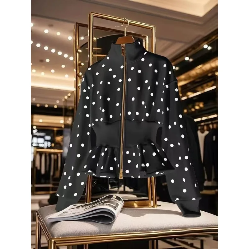 

Super Beautiful Unique High-grade Sense Niche Does Not Collide with Solid Color Standing Collar Waist Polka Dot Coat New 2025