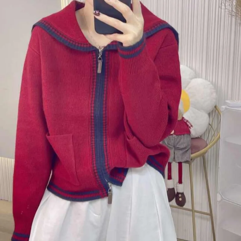 Suéter De punto para Mujer, cárdigans, nuevo suéter De punto con cuello marinero De manga larga, cárdigan, Tops para Mujer, prendas De punto, suéteres De Mujer Q1424