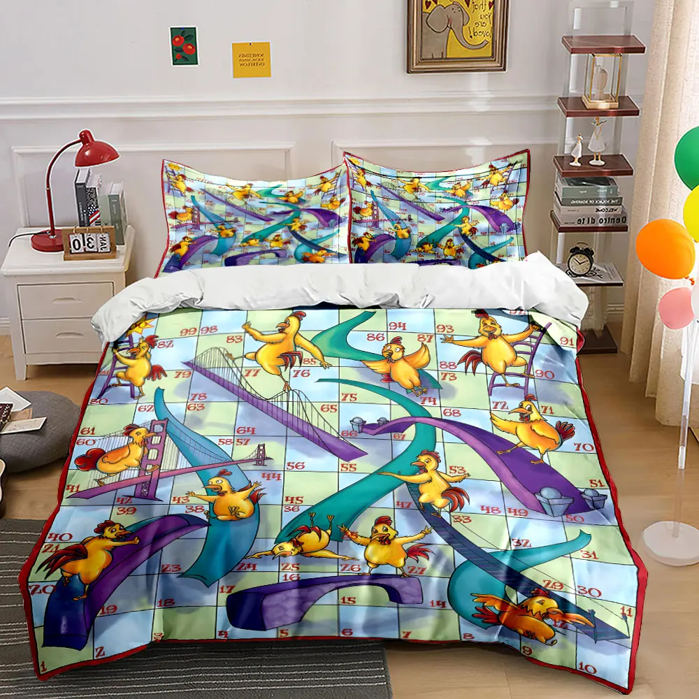 Fun Chicken Board Game Bedding Set for Kids Luxury Gift 3pcs Digital Print Comforter Set Soft Comfortable Breathable