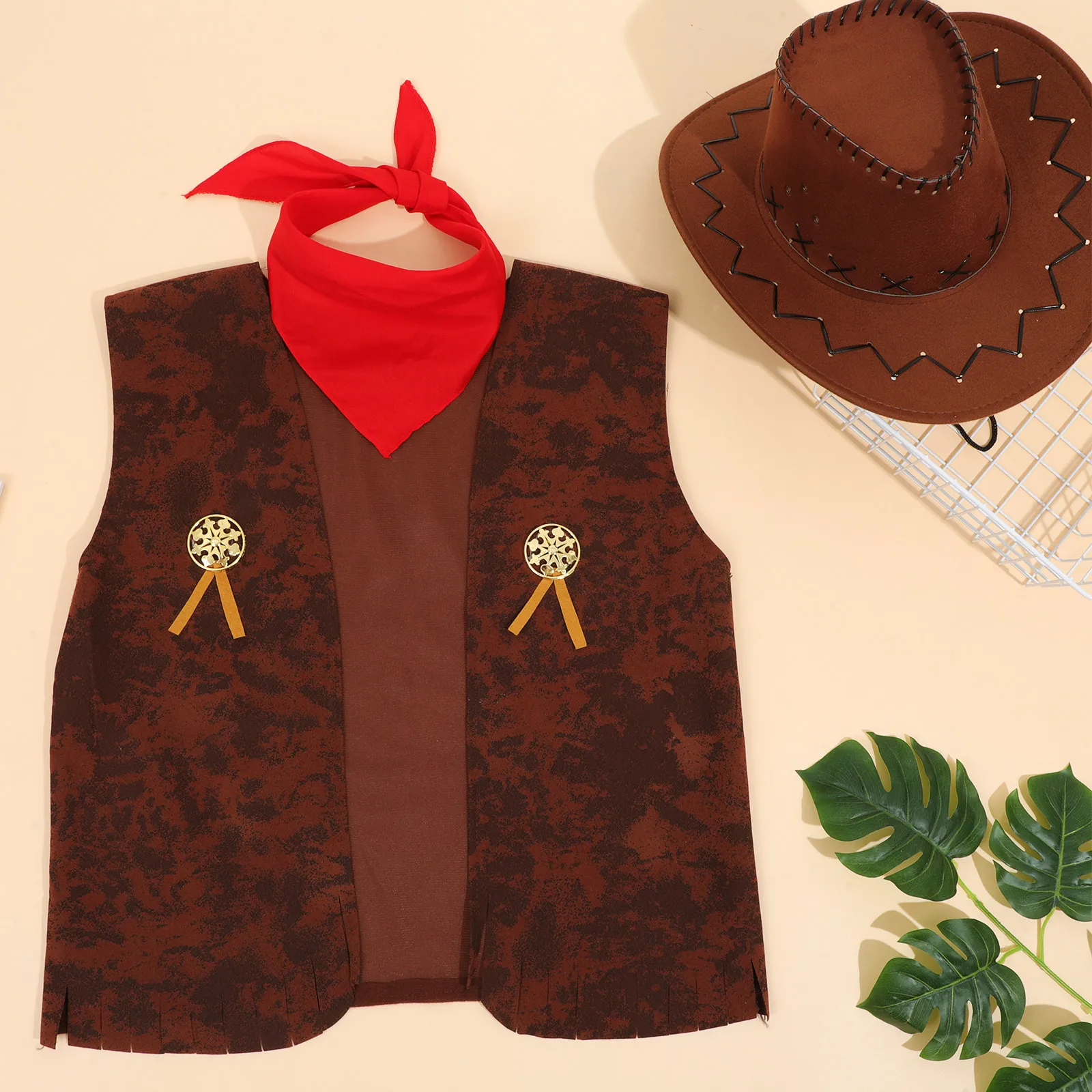 

Cowboy Costume Set Denim Dance Outfit Adult Men Women Brown Bandanas Wild West Party Accessories Festive DIY Decorations