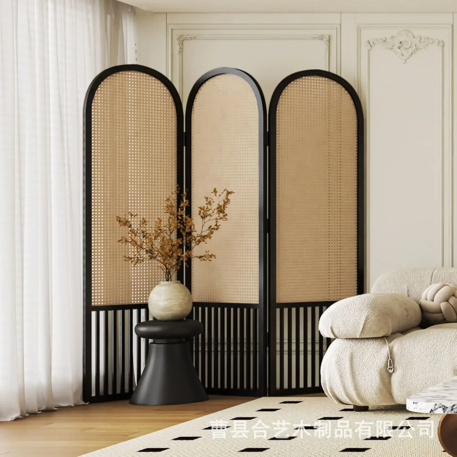 

French rattan woven screen, solid wood, foldable, movable foyer, covering living room decoration, simple home entry