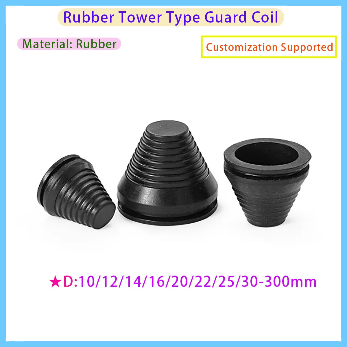 Black Rubber Tower Type Wiring Hole Protection Coil 10mm~300mm Dust Cover Plug Cone Cable Protector Firewall Hole Plug