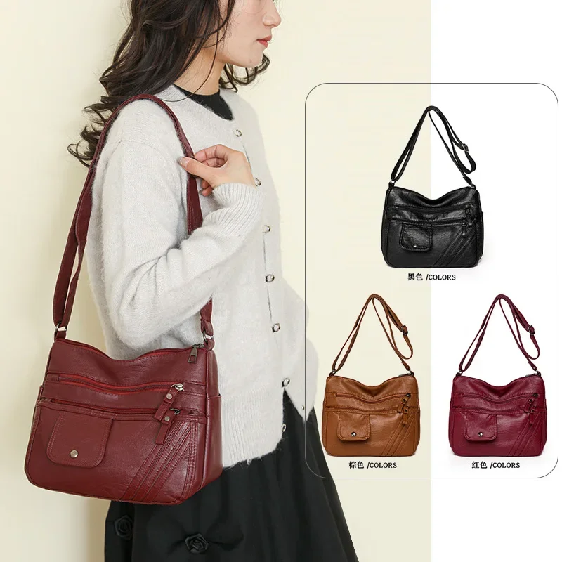 Washed Leather Women's Bag New Fashionable Versatile Soft Leather Messenger Bag Shoulder Large Capacity Bag