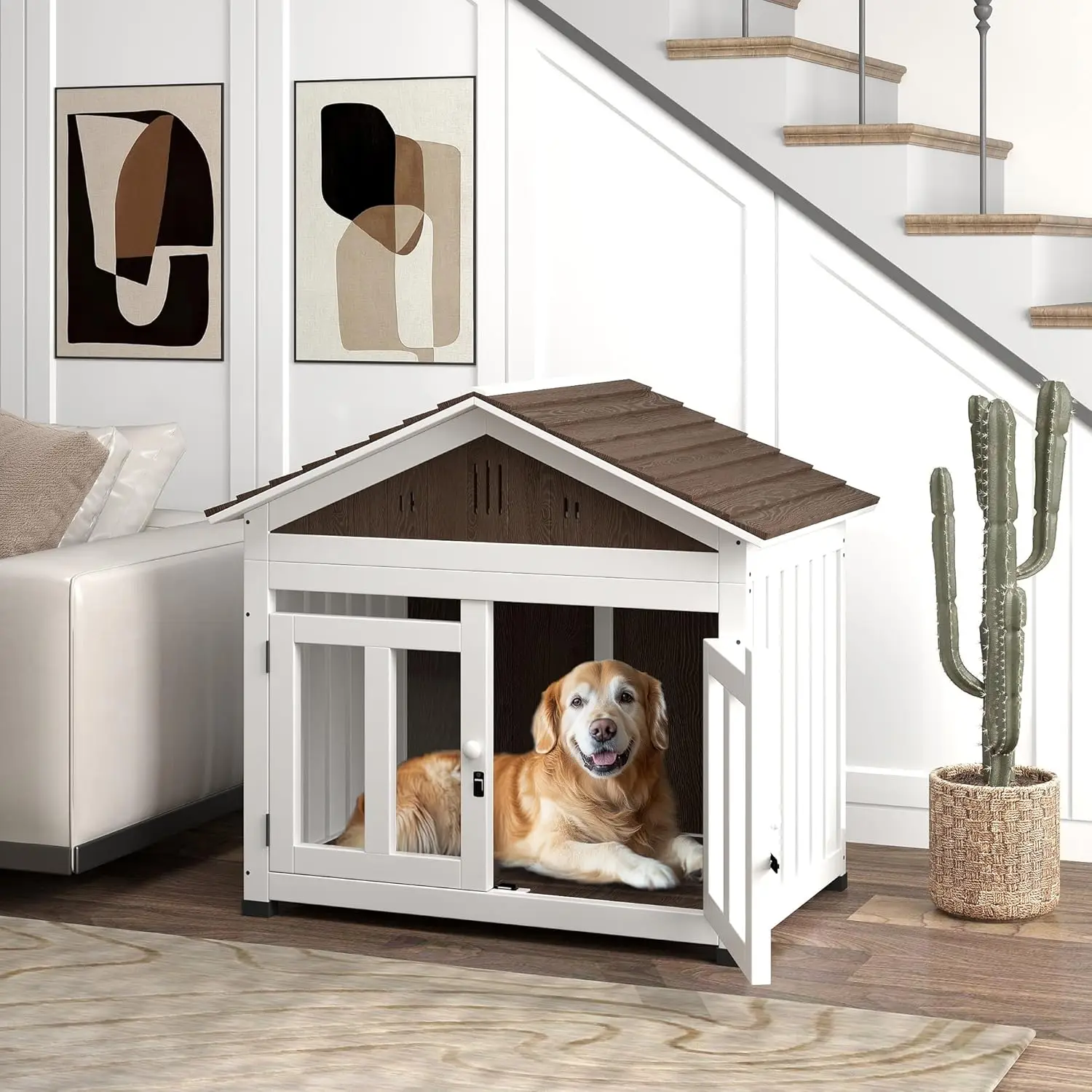 

40" L Dog House Outdoor Indoor, Wooden Dog Kennel for Small, Medium, Large Dogs, Puppy Shelter with Air Vents.
