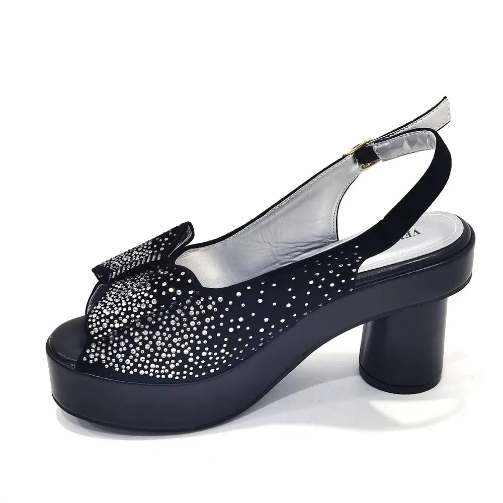 Elegante Schwarze Damen-Sandalen mit Blockabsatz, Plateau, Peeptoe und Strass-Verzierung & Clutch-Tasche Set für Hochzeit, Party und Abendveranstaltungen – Detail 24