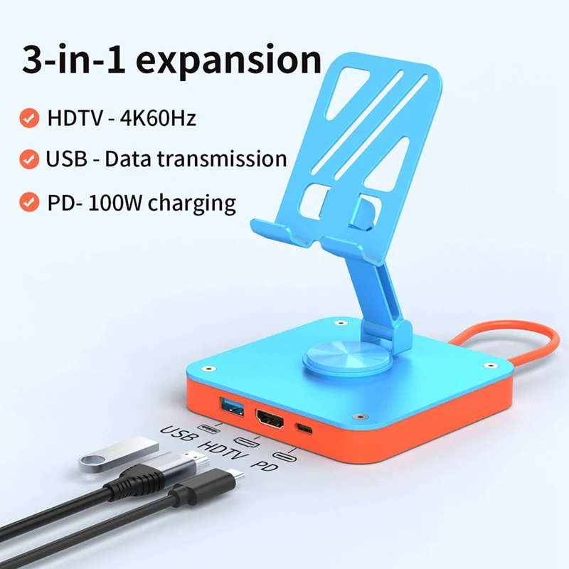 3-In-1 Adjustable Phone Pad Stand USB-C Hub,USB2.0 Dock Station For Switch ,PD 100W Charging Ports For Iphone15 Ipad Pro