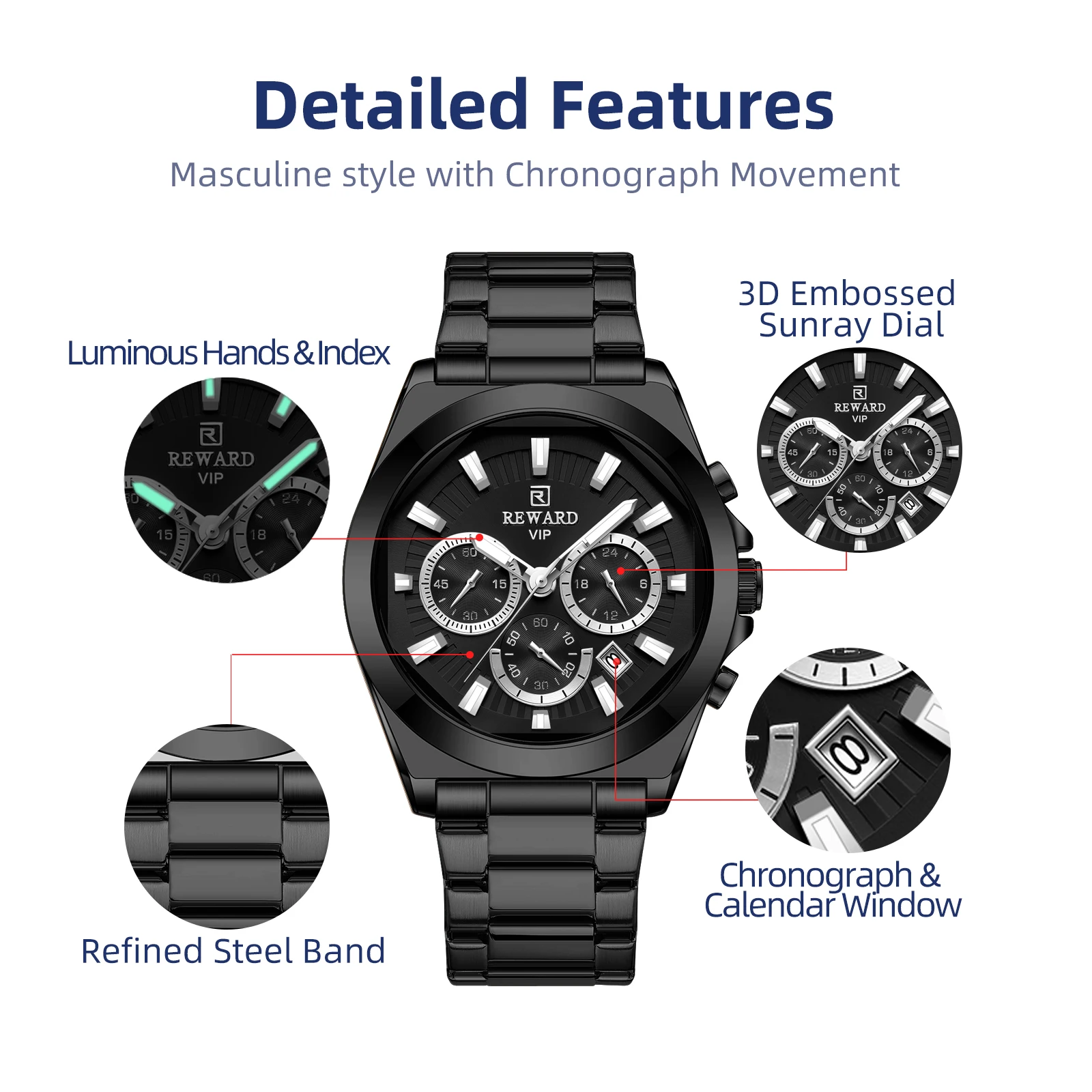 REWARD VIP Mens Wrist Watches Black Business Stainless Steel Wristwatch Chronograph Luminous Waterproof Date Sport Watch for Men