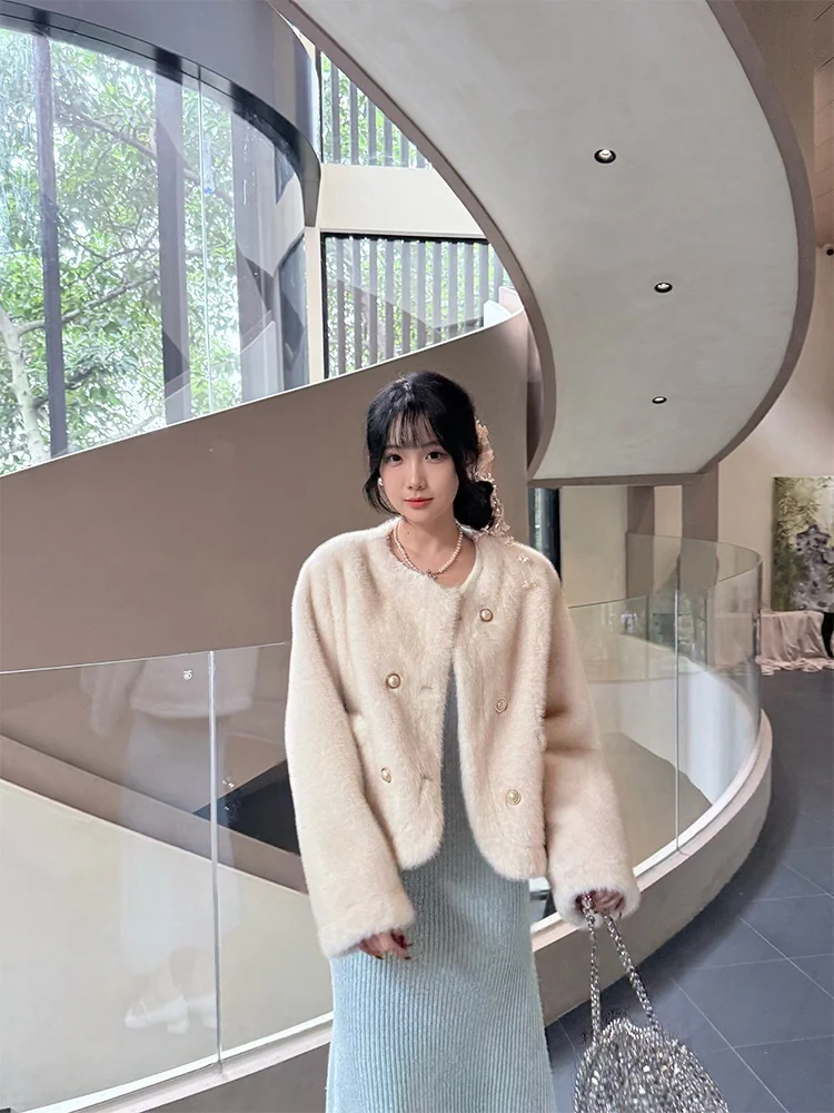 

Зимнее элегантное пальто WAY MODE с круглым вырезом, двойной застежкой на пуговицах, из искусственного меха, с 3D-эффектом, прямого кроя, с длинными рукавами, для максимального тепла