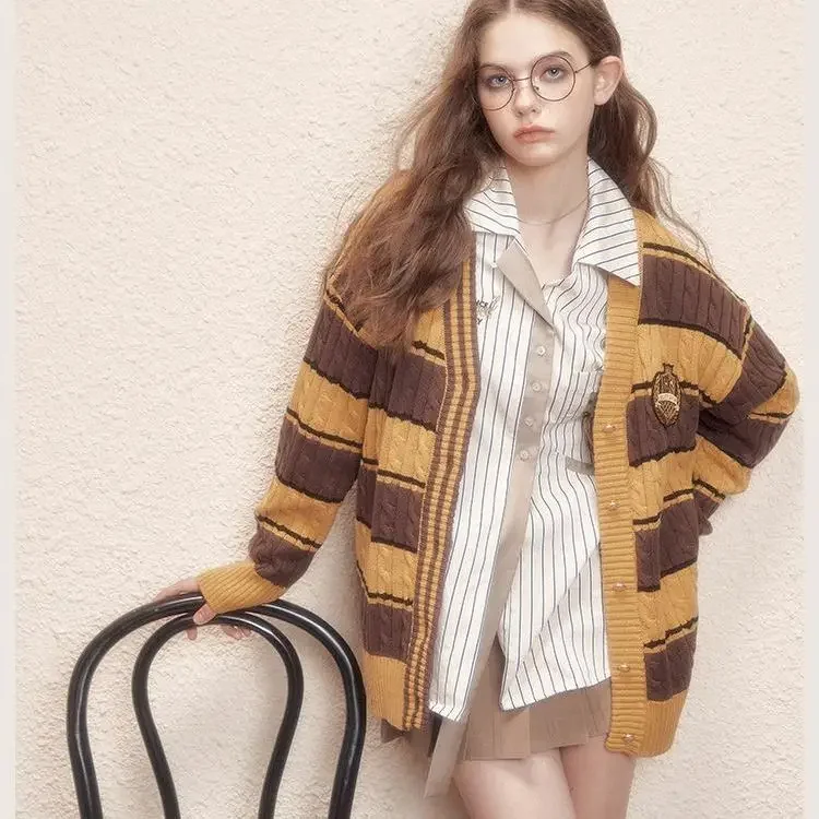 Harry Potter Collaborative Sweater Cardigan Jacket Women's Color Blocking Heavy Cable Knit Autumn/winter New Style Loose-fit