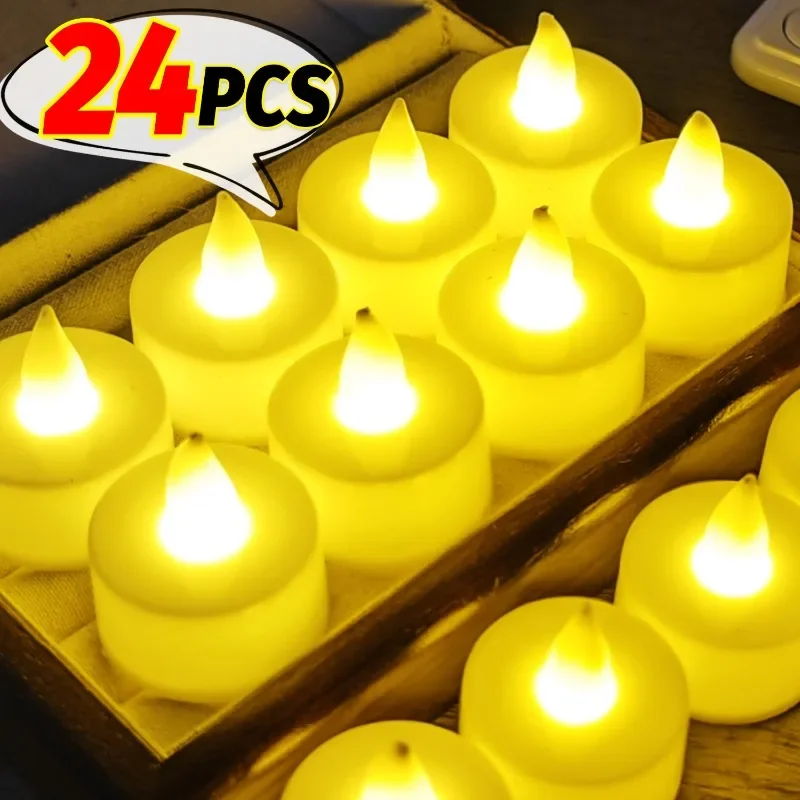 24/6pcs Flameless Led Candle Light Yellow Wishing Tea Lamp Wedding Birthday Party Home Decoration Electronic Tealight Candles