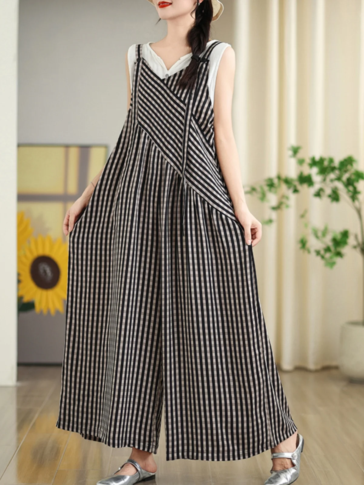 بدلة صيفية واسعة الأرجل من القطن والكتان للنساء، بدون أكمام، برقبة على شكل V، بنطلون عالي الخصر، أنيق وعصري للاستخدام اليومي.