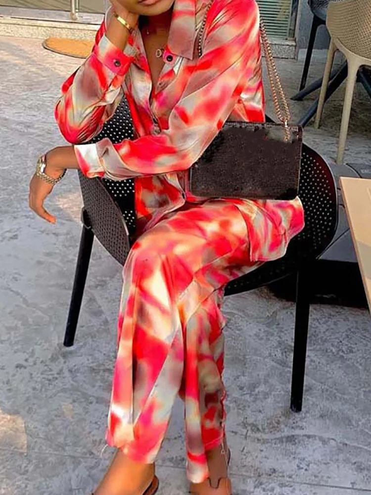 

Wide Leg Pants Loose Patchwork Two Pieces Sets, Women Spring Summer Long Sleeve Chic Outfit, 2025 Printing Simple Ladies Suits
