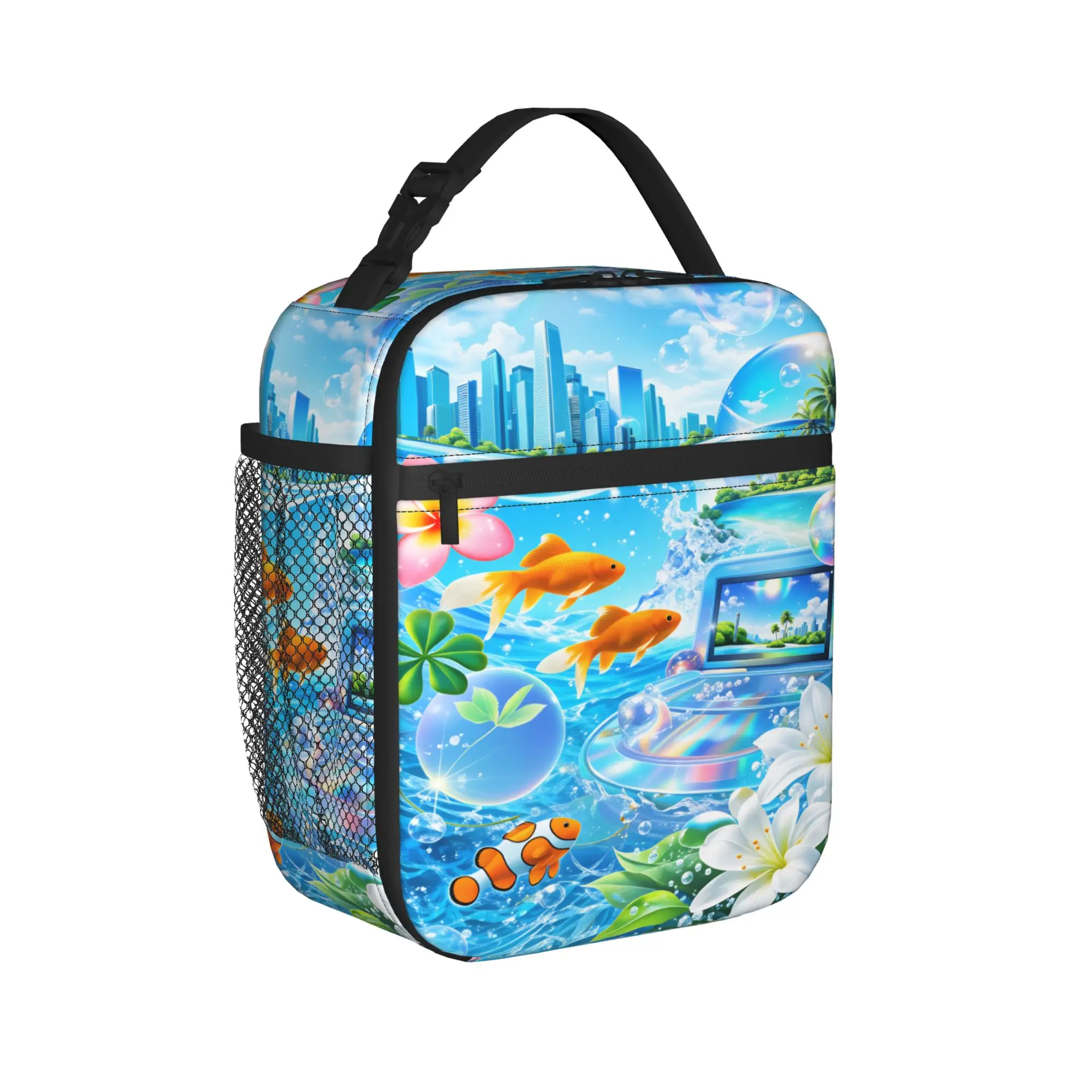 Frutiger Aero Lunch Bag  Cute Lunch Box For Child Travel Portable Zipper Cooler Bag Oxford Print Thermal Tote Handbags