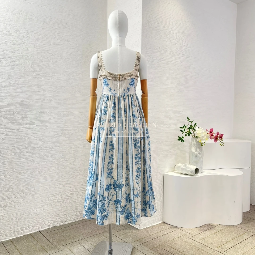 

2025 New Light Blue Floral Print Sleeveless Pearls Midi Dress Streetwear