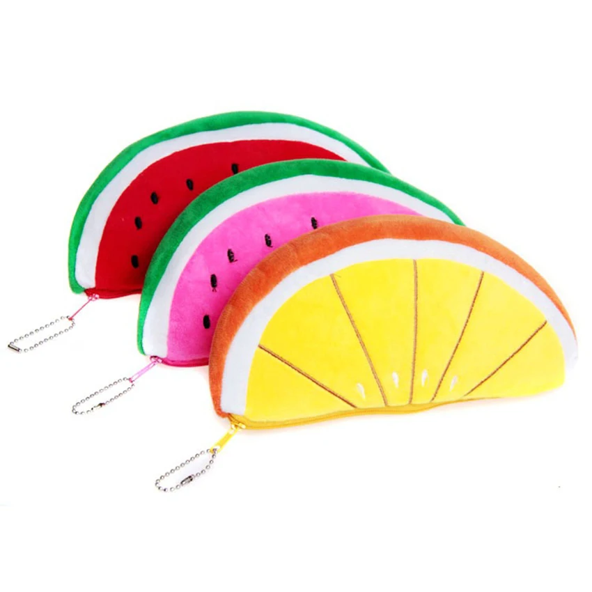 Semicircular Watermelon Soft Plush Pencil Bag with Zipper &Pouch Storage Case， Keychain Portable Pencil Stationery Makeup