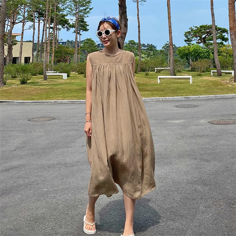 Johnature New Korean Sleeveless Women Dress 2024 Summer Casual Loose O-neck Solid Color Female Dresses