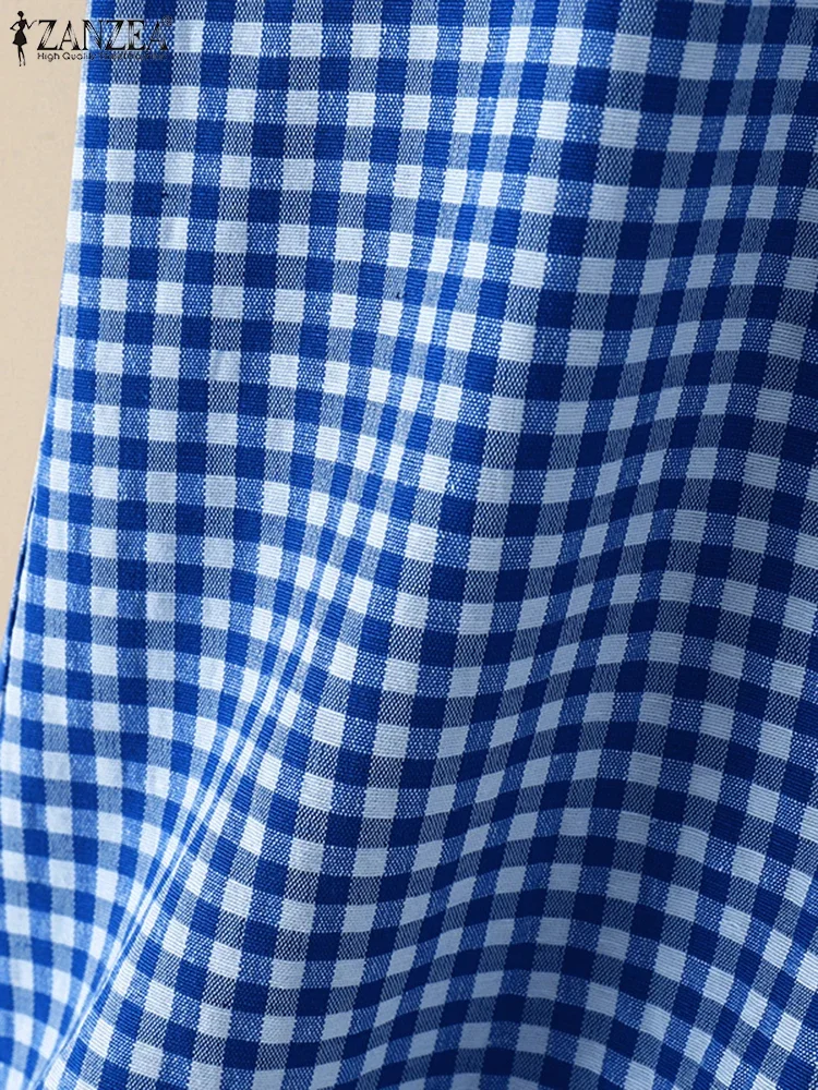 ZANZEA 2025 여름 탱크 탑 여성 격자 무늬 민소매 탱크 조끼 패션 오 넥 포켓 버튼 Camis 한국 블라우스 빈티지 탱크