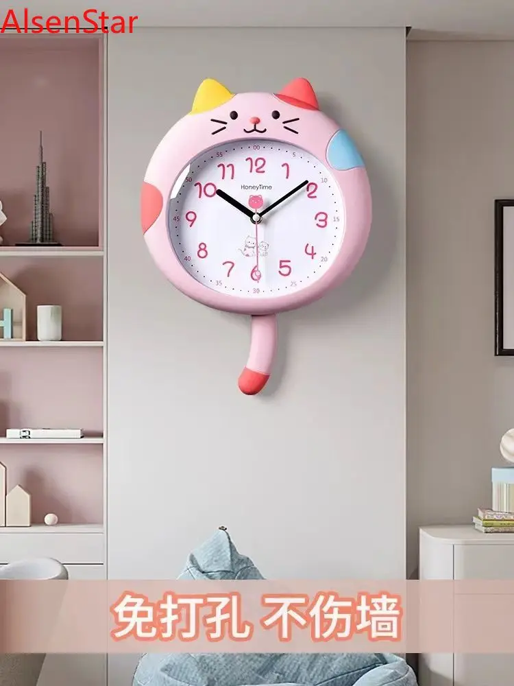 

Cute Pink Cat Clocks Girls Children's Room Wall Hanging Clock Living Room Bedroom Cartoon Mute Clock Watch Home Decoration