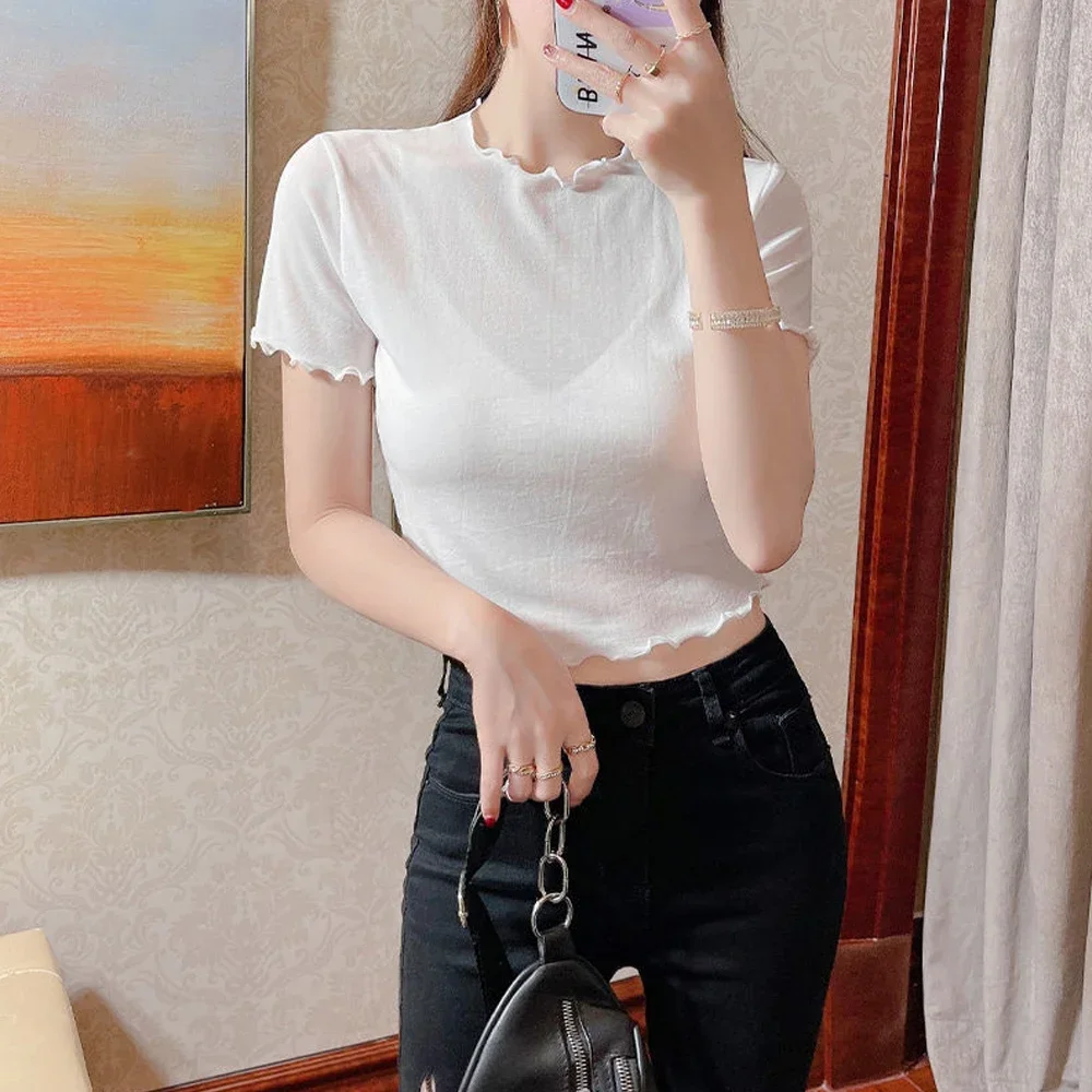 여자 Y2k 용수철 여름 미니 짧은 크롭탑, 탄성 메쉬 티셔츠, 퍼플 그린 핑크 화이트 살구색 컬러, 카와이 옷