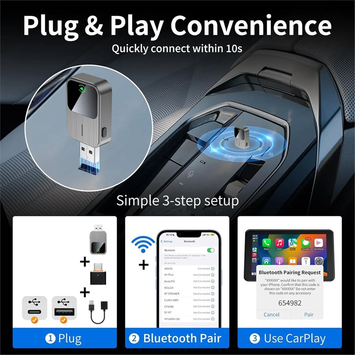 2026 New Wireless CarPlay Adapter Built-in Wired CarPlay to Car Play Wireless Fast Stable Connection Mini USB&Reset Button