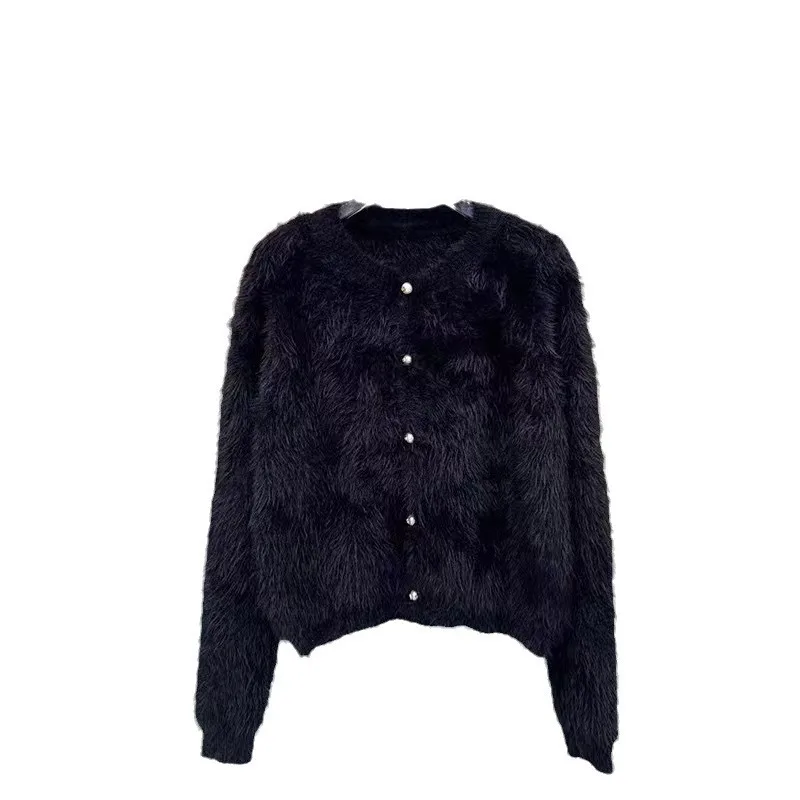 High Quality Black Mink Fur Cardigan Women's Autumn Winter New Style Loose And Slim Short Knitted Sweater Top