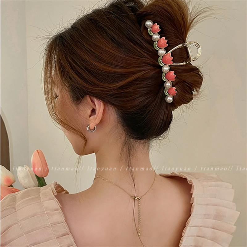 Large Retro Tulip Pearl Ponytail Hair Clip Metal Crab Claw Clip Women\'s Fashion Headdress Summer New Accessories