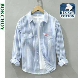 Spring and Autumn New Pure Cotton Striped Men's Long-sleeved Shirt Loose Casual Fresh and Artistic Cargo Blue Tops C2126