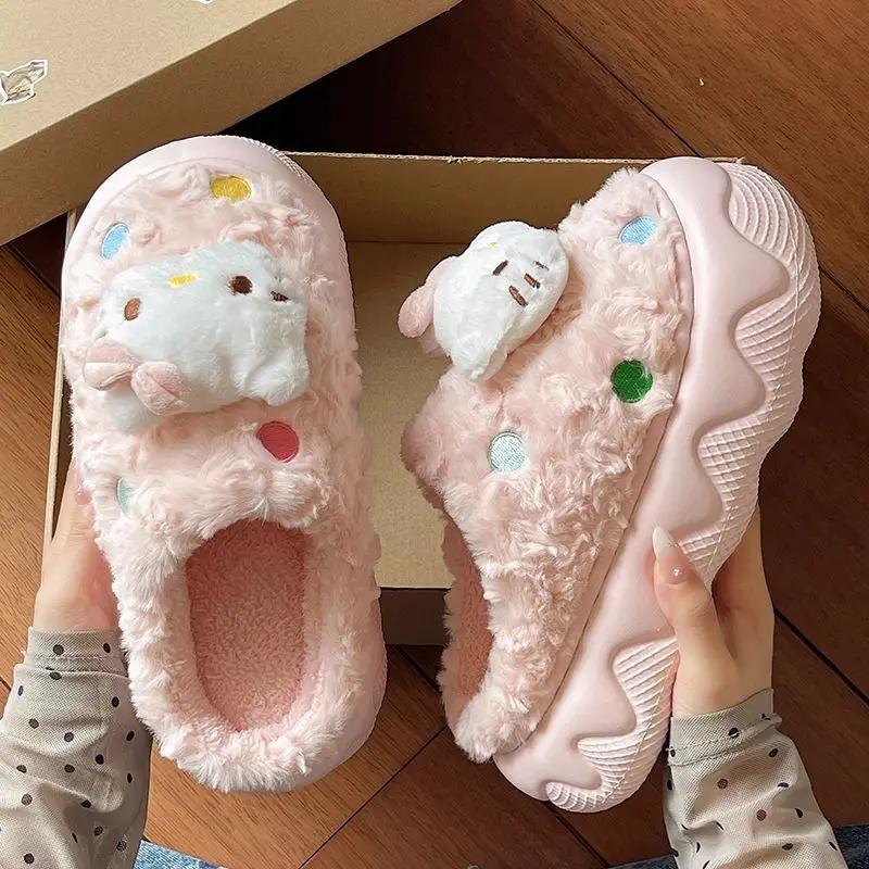 Kawaii مرحبا كيتي الشتاء غامض نعال من القطن فتاة الدوبامين Colorway المنزل الدفء نعل سميك مع بطانة الصوف نعال قماش #6